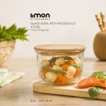 کاسه گرد شیشه ای شیاردار 470 میلی لیتر درب چوبی لیمون