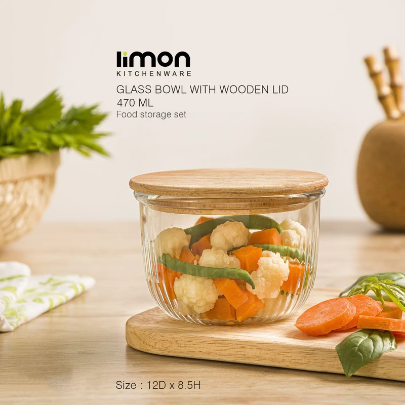 کاسه گرد شیشه ای شیاردار 470 میلی لیتر درب چوبی لیمون