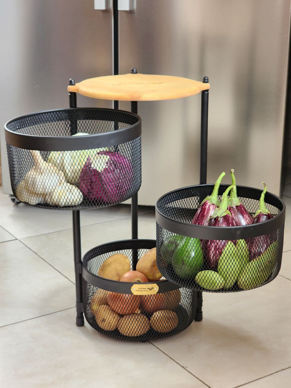 سبد سیب زمینی و پیاز 3 طبقه گرد چوبی آسمان